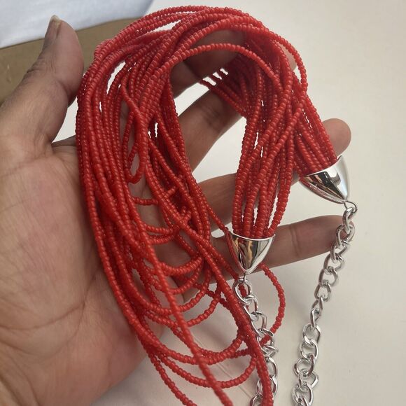 Vintage & Modern Small Seed Bead Necklace Red Multi Layered Chain B#8 - Picture 7 of 10
